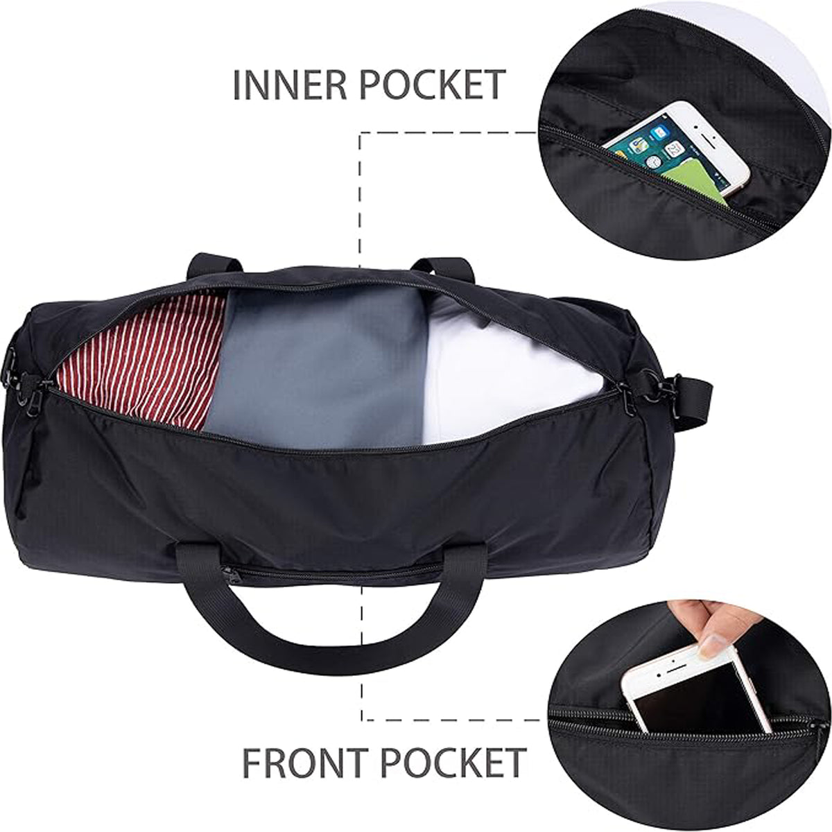 BNANZO Sports 23L Foldable Gym Duffel Bag – Black Lightweight Travel Bag