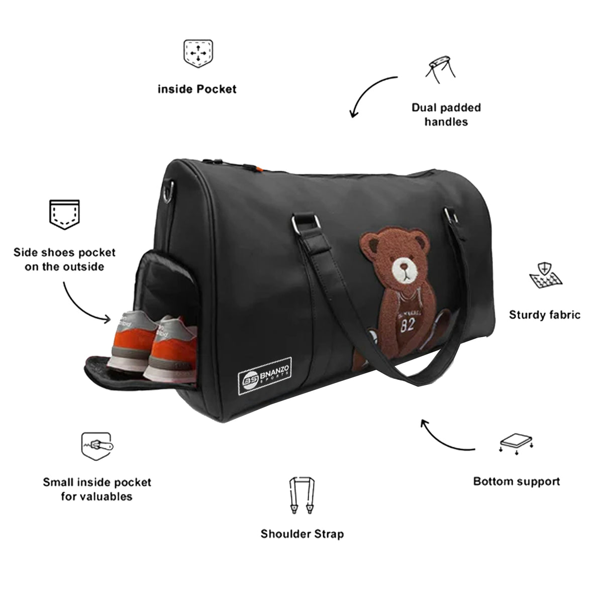 Black Teddy Bear Duffel Bag with Shoe Compartment
