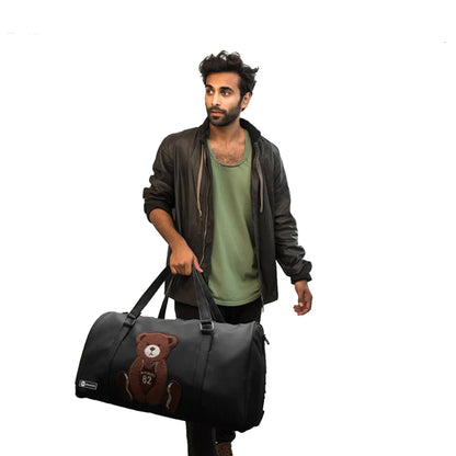 Black Teddy Bear Duffel Bag with Shoe Compartment