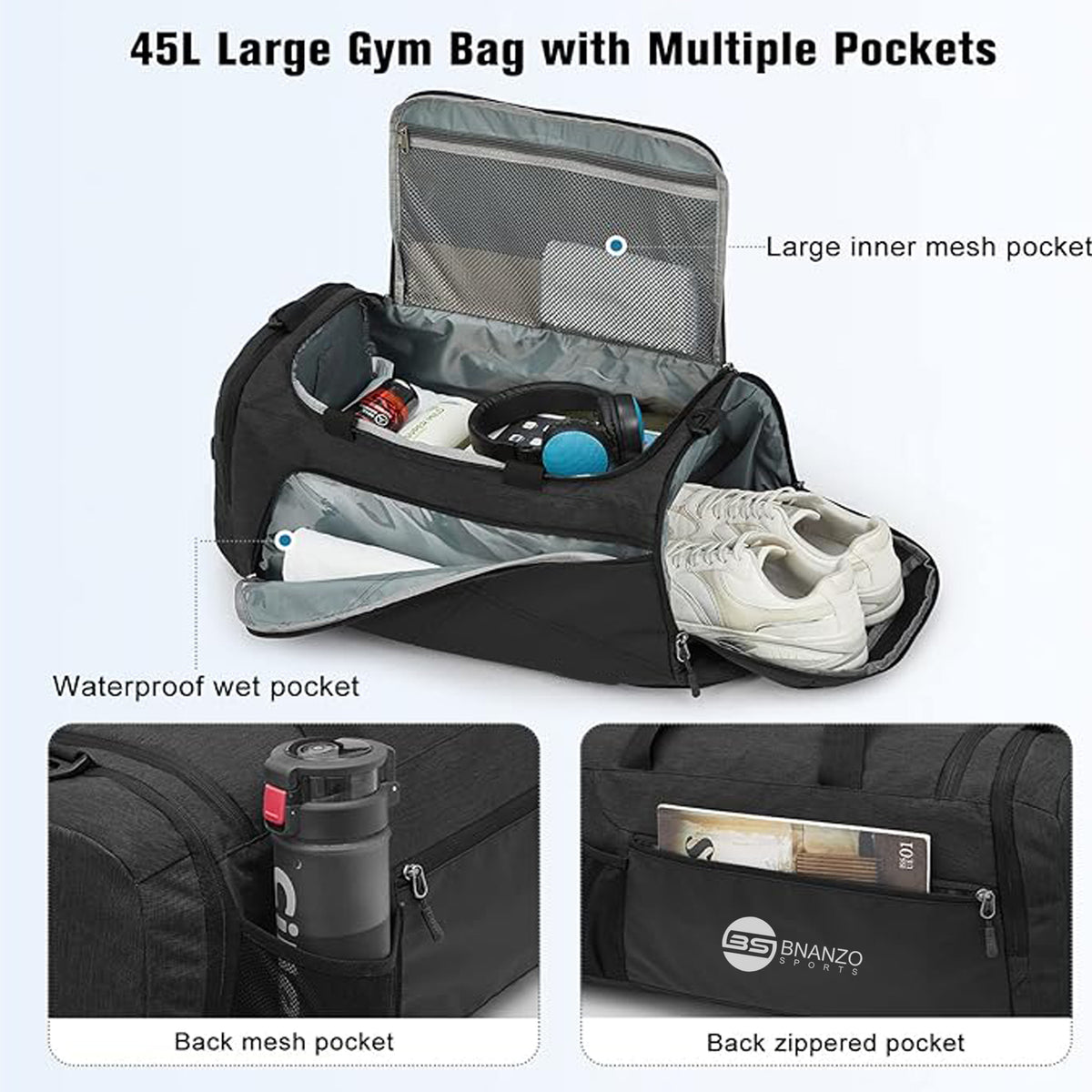 45L Gym Duffel Bag with Shoe Compartment – 3-in-1 Travel Backpack