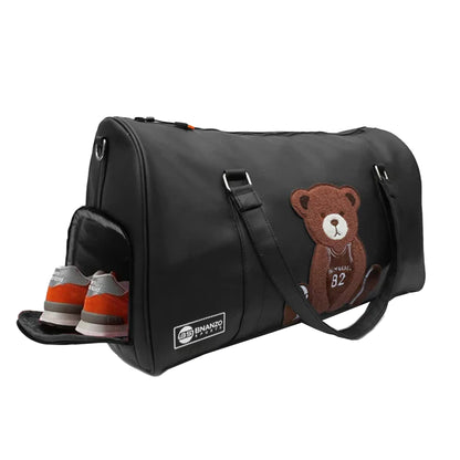 Black Teddy Bear Duffel Bag with Shoe Compartment