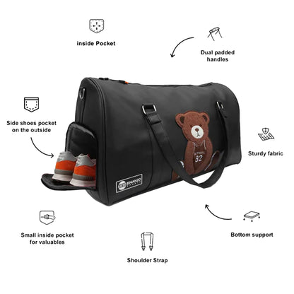 Black Teddy Bear Duffel Bag with Shoe Compartment