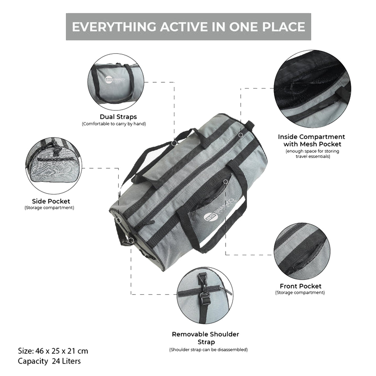 BNANZO Sports Pack-N-Go 24L Grey Duffel Bag – Lightweight Gym & Travel Bag