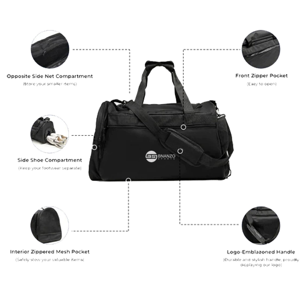BNANZO Sports Adventure ProTrek Gym Duffel Bag – Black with Shoe Compartment
