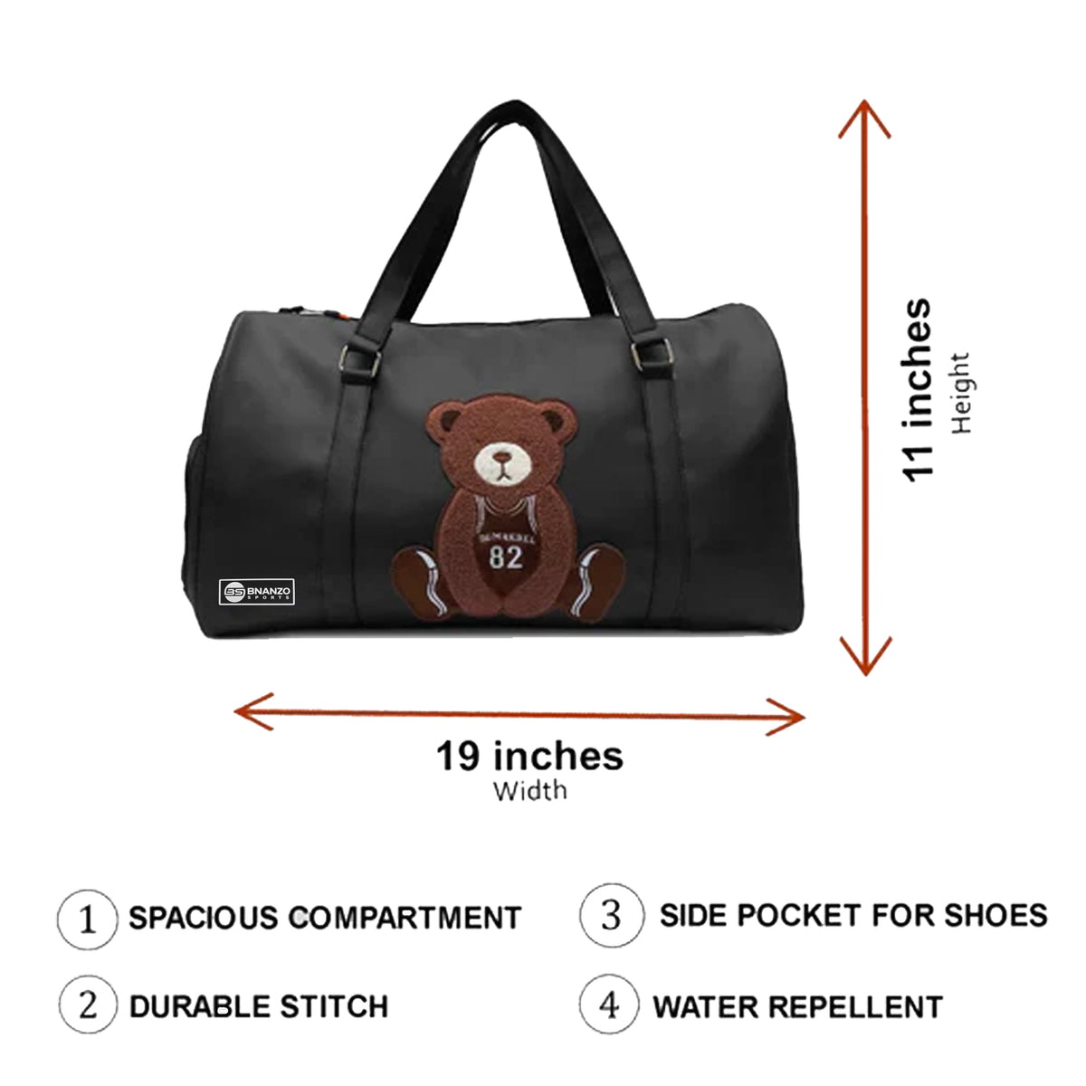 Black Teddy Bear Duffel Bag with Shoe Compartment